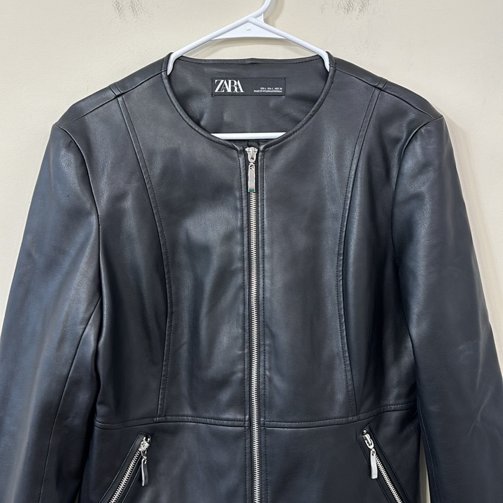 ZARA Faux Leather Zipper Bomber Jacket Size Large - Picture 3 of 9